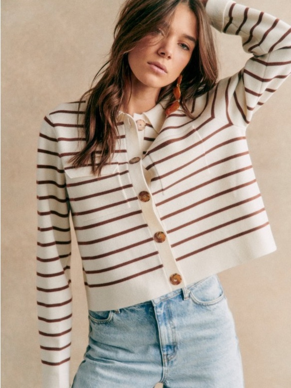 Sezane Betty Cardigan 100% Merino Wool in Ecru Brown Camel Stripes Medium Preppy